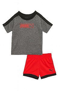 CONJUNTO MENINO PUMA 2 PEÇAS CAMISETA CINZA BERMUDA VERMELHA