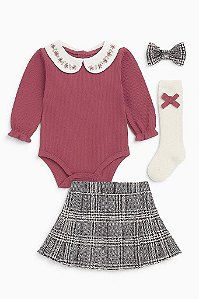 CONJUNTO MENINA NICOLE MILLER 4 PEÇAS BODY BORDÔ COM SAIA XADREZ