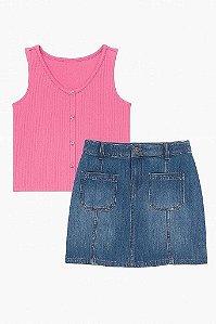 CONJUNTO MENINA 2 PEÇAS OSHKOSH REGATA BORDÔ E SAIA JEANS