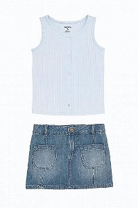 CONJUNTO MENINA 2 PEÇAS OSHKOSH REGATA AZUL E SAIA JEANS
