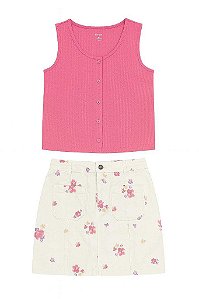 CONJUNTO MENINA 2 PEÇAS OSHKOSH REGATA BORDÔ COM SAIA JEANS FLORAL