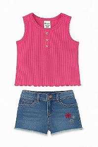 CONJUNTO MENINA OSHKOSH REGATA BORDÔ COM SHORTS JEANS BORDADO