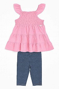 CONJUNTO INFANTIL MENINA 2 PEÇAS CALVIN KLEIN BATA ROSA CALÇA JEANS FAKE