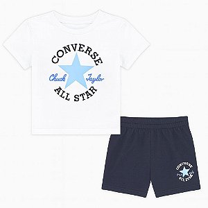 CONJUNTO INFANTIL MENINO CONVERSE 2 PEÇAS CAMISETA BRANCA + BERMUDA AZUL