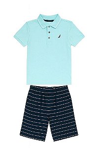CONJUNTO 2 PEÇAS MENINO NÁUTICA CAMISETA POLO AZUL COM BERMUDA