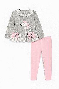 CONJUNTO INFANTIL MENINA RARE EDITIONS BATA CINZA CACHORRO + LEGGING ROSA