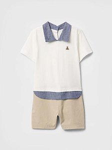 ROMPER INFANTIL MENINO GAP AZUL, BRANCO E CARAMELO COM URSO BORDADO
