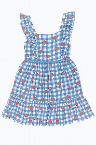 VESTIDO INFANTIL CHENAULT XADREZ AZUL COM ESTAMPA DE MORANGOS