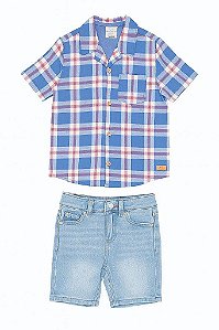 CONJUNTO INFANTIL MENINO KOALA KIDS CAMISA XADREZ AZUL + BERMUDA JEANS