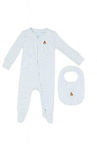 MACACÃO INFANTIL GAP AZUL CANELADO COM BABADOR URSO BORDADO