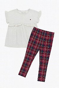 CONJUNTO INFANTIL MENINA TOMMY HILFIGER BATA CINZA + CALÇA XADREZ