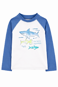 CAMISETA INFANTIL MANGA LONGA PRAIA CARTER?S BRANCA E AZUL TUBARÃO