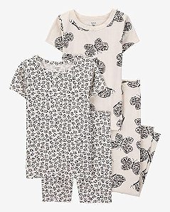 PIJAMA INFANTIL MENINA CARTER?S 4 PEÇAS BEGE FLORES PRETAS E BORBOLETAS