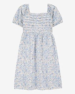 VESTIDO INFANTIL MENINA OSHKOSH FLORAL FRANZIDO AZUL