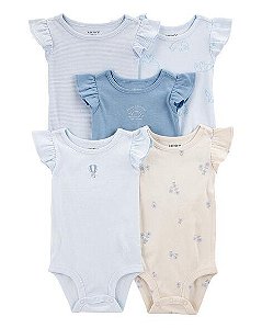 KIT 5 BODYS MANGA CURTA AZUL BEBÊ MENINA CARTER?S BABADO OMBRO
