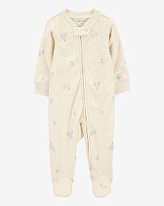 MACACÃO BEBÊ MENINA ATOALHADO MARFIM FLORAL COM ZÍPER BIDIRECIONAL