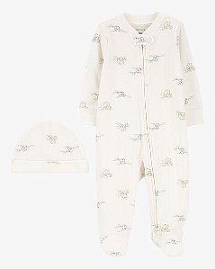 MACACÃO E TOUCA BEBÊ 2 PEÇAS ALGODÃO ELEFANTE COM ZÍPER