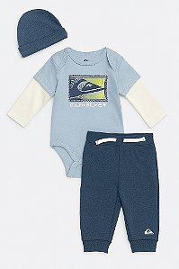 CONJUNTO INFANTIL QUIKSILVER 3 PEÇAS MENINO BODY AZUL E TOUCA