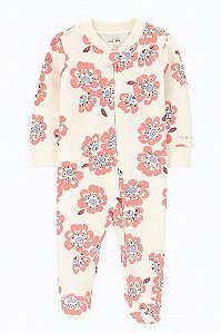 MACACÃO ALGODÃO BEGE MENINA COM FLORES BORDÔ CONFORTÁVEL