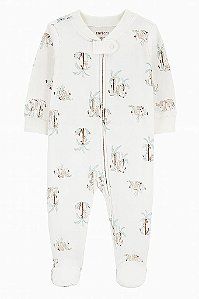 MACACÃO ALGODÃO OFF WHITE BEBÊ ESTAMPA COALA E CANGURU