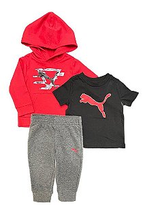 CONJUNTO INFANTIL PUMA 3 PEÇAS BLUSA VERMELHA COM GORRO