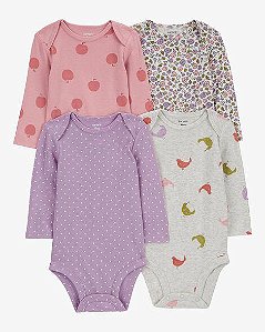 KIT 4 BODYS MANGA LONGA INFANTIL MENINA CARTER?S FLORES E PÁSSARO