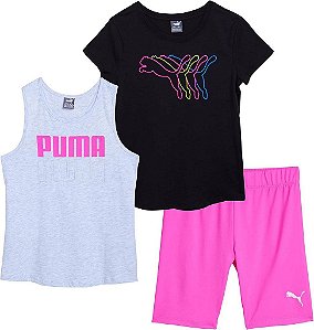 CONJUNTO PUMA INFANTIL MENINA 3 PEÇAS ? CAMISETA PRETA E REGATA CINZA