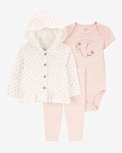 CONJUNTO INFANTIL MENINA CARTERS 3 PEÇAS CARDIGAN FLORES BODY CALÇA