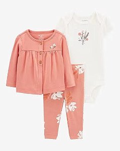 CONJUNTO INFANTIL MENINA CARTERS 3 PEÇAS CARDIGAN BORDADO BODY CALÇA