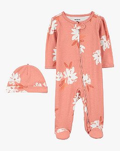 MACACÃO INFANTIL MENINA CARTERS ALGODÃO LARANJA COM TOUCA