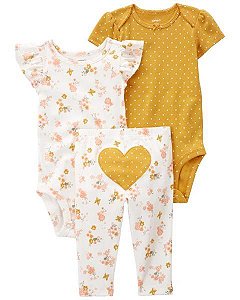 CONJUNTO INFANTIL MENINA CARTER?S 3 PEÇAS BODY FLORAL CALÇA CORAÇÃO