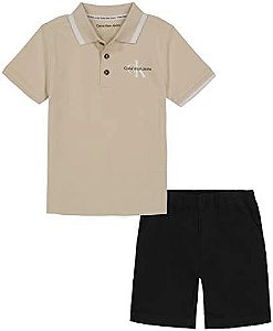 CONJUNTO CALVIN KLEIN INFANTIL POLO BEGE E BERMUDA PRETA MENINO