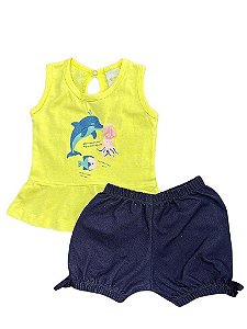 CONJUNTO INFANTIL MENINA REGATA GOLFINHO AMARELA 2 PEÇAS