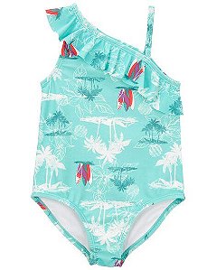 MAIÔ INFANTIL MENINA CARTERS AZUL ESTAMPA COQUEIROS PRAIA E PISCINA