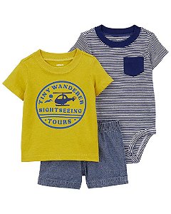 CONJ CARTERS 3 PÇS CAMISETA AMARELA HELICÓPTERO BODY E CALÇA