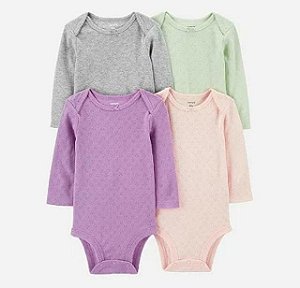 KIT 4 BODYS INFANTIL MENINA CARTERS MANGA LONGA CORES CLARAS