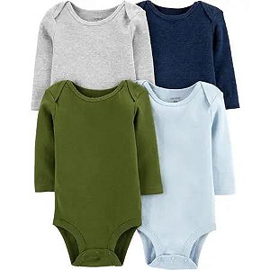 KIT 4 BODYS CARTERS MANGA LONGA AZUL BEBÊ MENINO