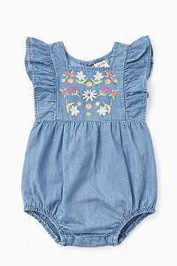 ROMPER MENINA OKIE DOKIE JEANS FAKE BORDADO FLORES