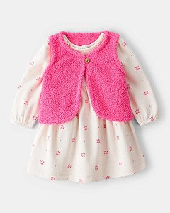 VESTIDO FIO BEGE FLORES E COLETE PINK CARTERS