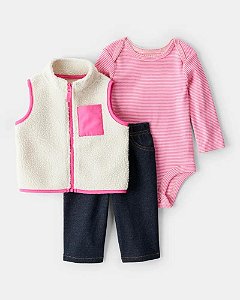 CONJUNTO 3 PÇS MENINA CARTERS COLETE FLEECE BEGE E PINK