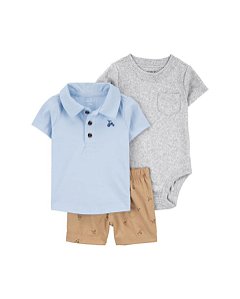 CONJUNTO 3 PÇS MENINO CARTERS CAMISETA AZUL BORDADO BICICLETA