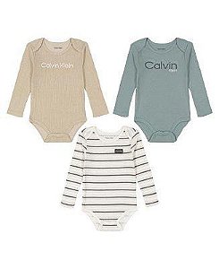 KIT 3 BODYS CALVIN KLEIN MANGA LONGA VERDE E BEGE