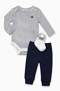 CONJUNTO GAP 3 PÇS BODY LISTRAS CALÇA AZUL MARINHO E MEIA