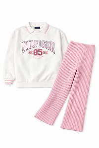 CONJUNTO MENINA TOMMY HILFIGER MOLETOM GOLA FORRADO FLEECE OFF COM CALÇA CANELADA