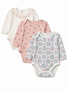 KIT 3 BODYS MENINA RABBIT BEAR RENDA XADREZ E ROSA