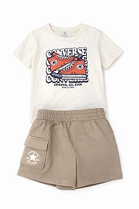 CONJ MENINO CONVERSE CAMISETA OFF E BERMUDA BEGE