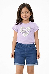 CONJ WONDER NATION CAMISETA LILÁS LOVE SHORTS JEANS FAKE