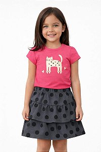 CONJ MENINA WONDER NATION CAMISETA PINK GATO SAIA CHUMBO POÁ