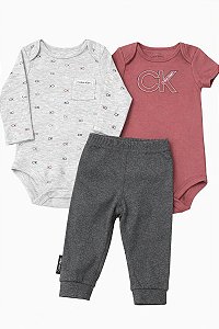 KIT 3 PÇS MENINO CALVIN KLEIN BODY BORDÔ E CINZA MANGA LONGA