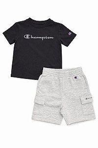 CONJ MENINO CHAMPION 2 PÇS CAMISETA PRETA BERMUDA CINZA
